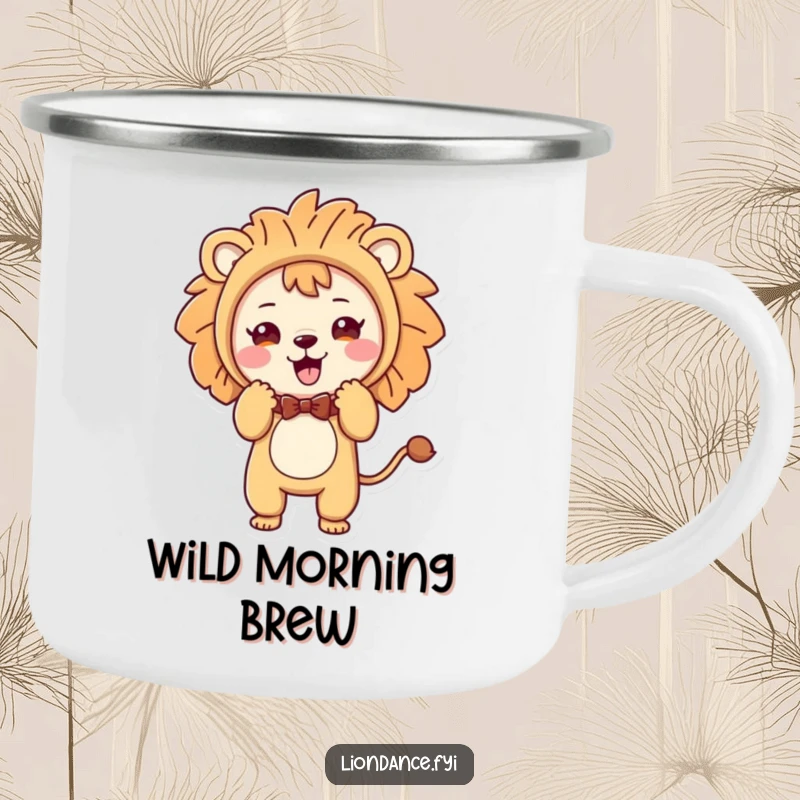 Funny camping mug showcasing a cute character in a lion costume executing a charming, playful bow, perfect for outdoor humor.