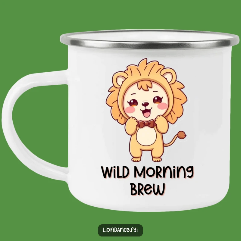 Funny Lion Costume Camping Mug: Cute Character Bows Playfully, Rugged Humor for Outdoors