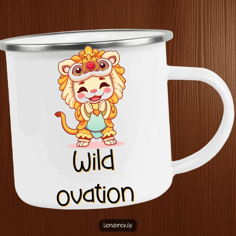 Funny camping mug featuring a joyful performer in a majestic lion costume bowing, perfect for adventurers who love theater.