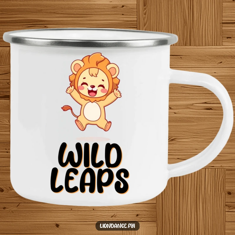 Funny camping mug with a cute character in a lion costume playfully leaping with joy, perfect for outdoors.