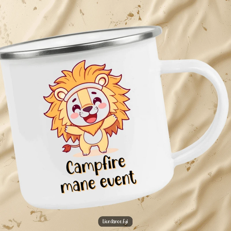 Funny enamel camping mug with a playful character in a large lion costume head doing a happy spin, for outdoor fun.