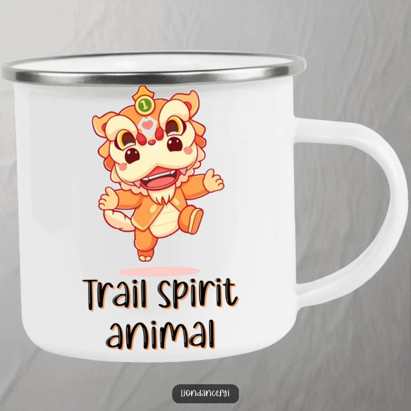 Funny camping mug with a cheerful lion dance character leaping joyfully, ideal for festive outdoor enjoyment.