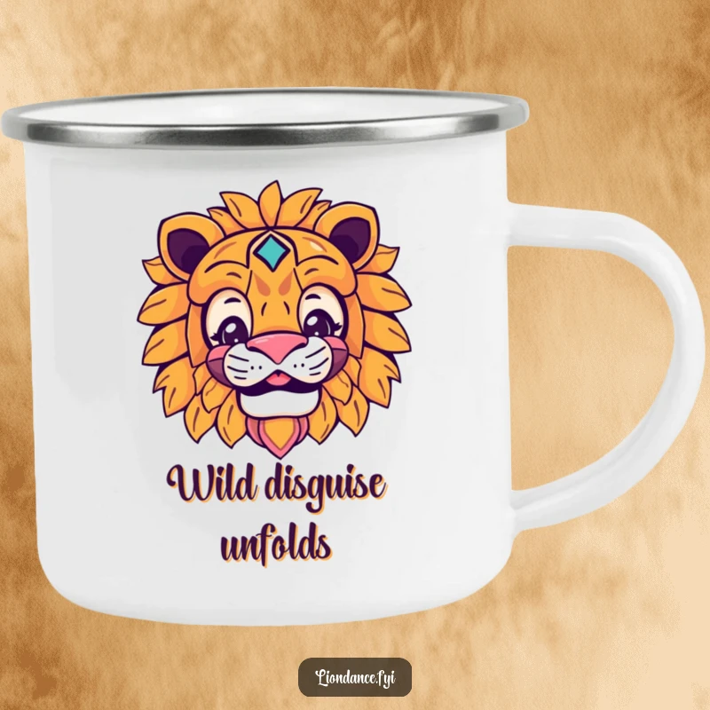 Funny lion mask camping mug with a peeking character, durable and humorous for outdoor use.