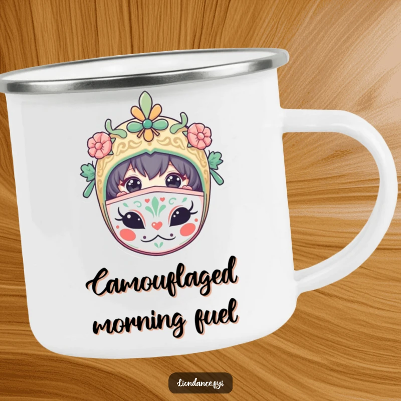 Funny enamel camping mug with a curious character peeking from a decorated mask, ideal for outdoor adventures with humor.