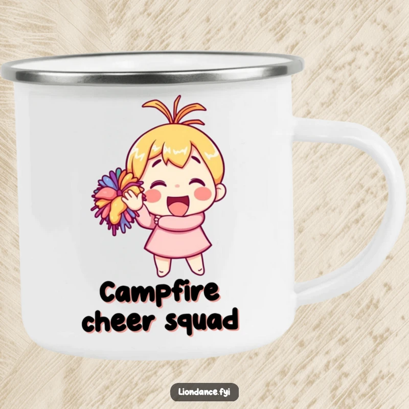 Funny camping mug showing a character enthusiastically waving a pom-pom, a cheerful companion for outdoor enjoyment.