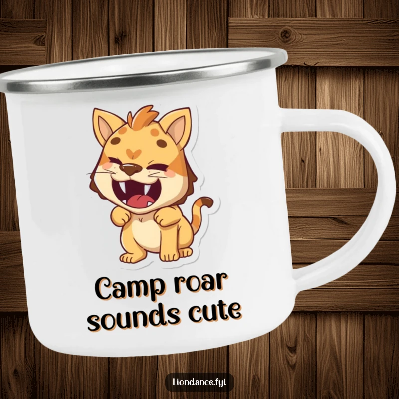 Funny camping mug showing a small character with a cheeky wink, humorously roaring, a playful companion for outdoor trips.