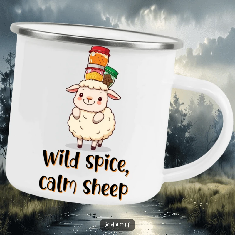 Funny fluffy sheep balancing a stack of colorful spice jars on its head, on a durable camping mug.
