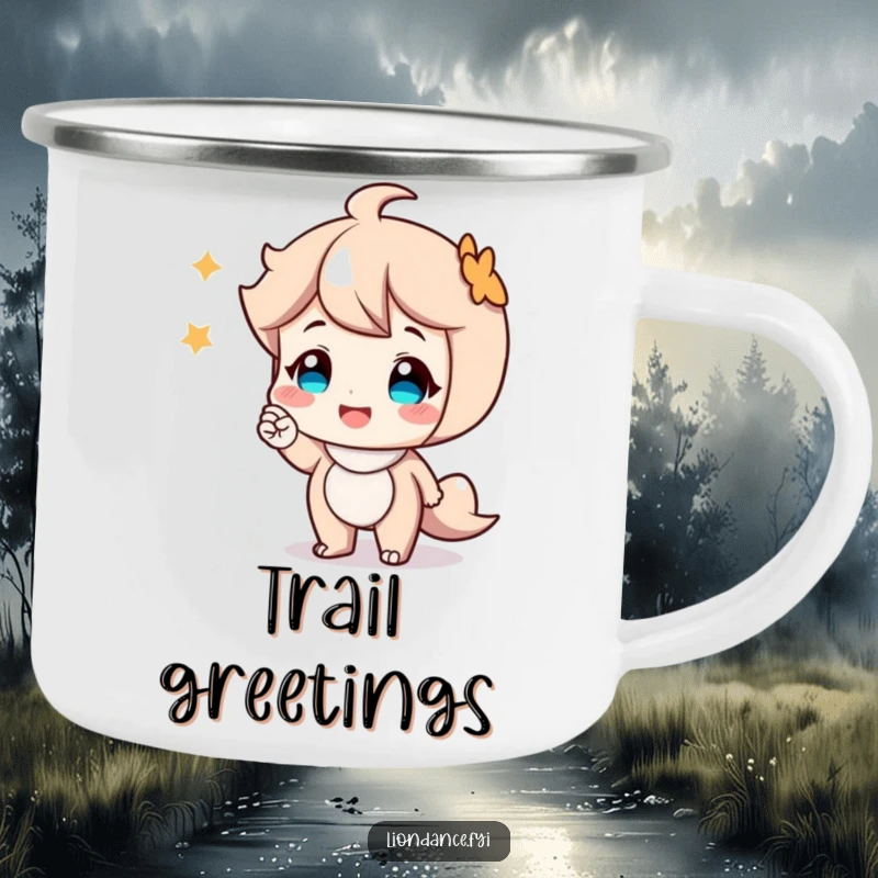 Funny camping mug featuring a smiling cartoon character giving a friendly nod, perfect for enjoying beverages outdoors with cheer.
