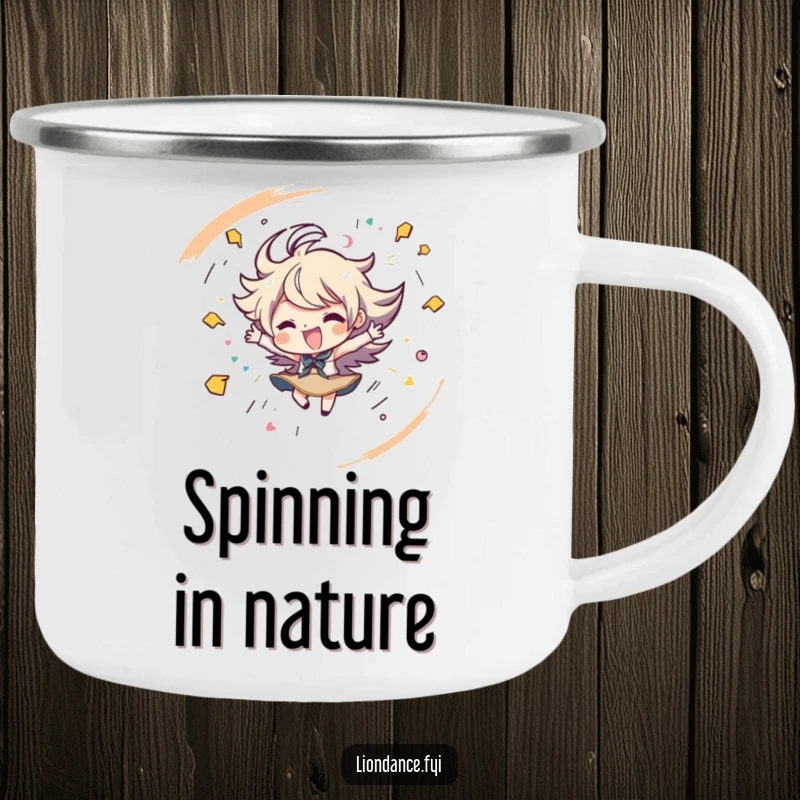 Funny camping mug with a character spinning energetically with playful strokes, perfect for outdoor use. Great funny gift.
