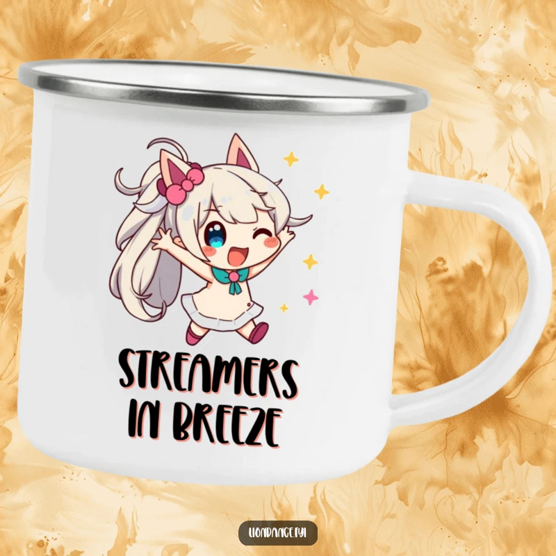 Funny streamer camping mug, a playful character in a dynamic pose with streamers, perfect for outdoor fun.