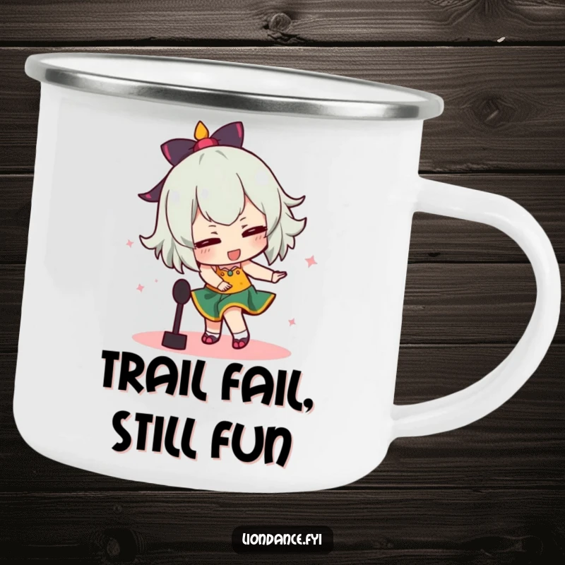 Funny camping mug showing a dancer comically tripping over a prop while dancing, a humorous companion for outdoor escapades.