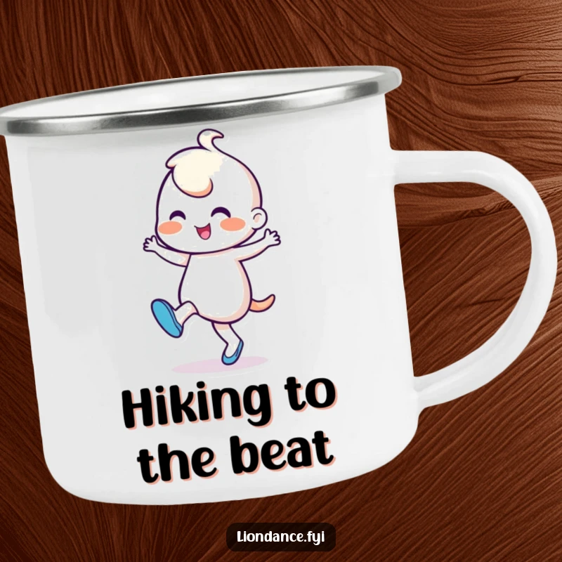 Funny Camping Mug: Cheerful character tapping its foot in a rhythmic dance, perfect for enjoying drinks by the campfire.