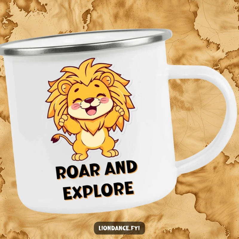 Funny camping mug with a giggling cartoon character striking a pose inside a sketched lion, built for outdoor humor.