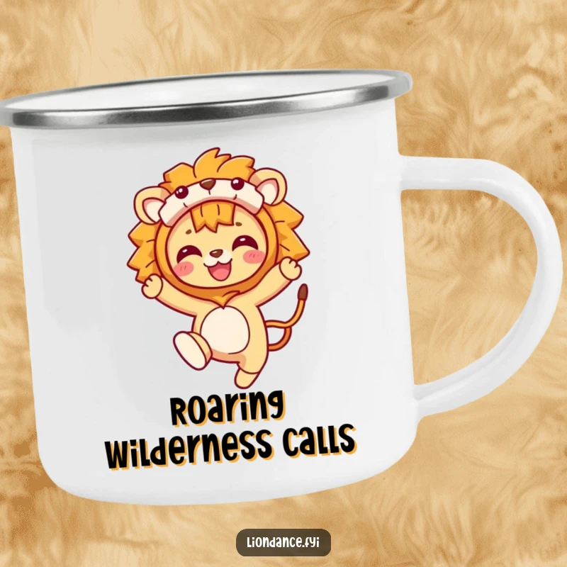 Funny Camping Mug: A character leaping dynamically in a lion costume, bringing wild energy to outdoor adventures. Durable and humorous.