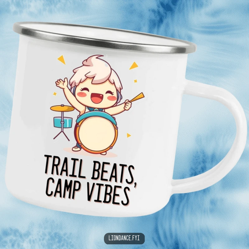Funny drummer character camping mug with a jubilant figure enthusiastically playing drums, perfect for enjoying your favorite brew outdoors.
