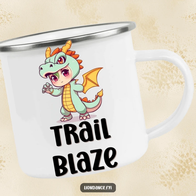 Funny camping mug featuring a character in a fiery dragon outfit striking a pose, perfect for adventurous souls who love humor.