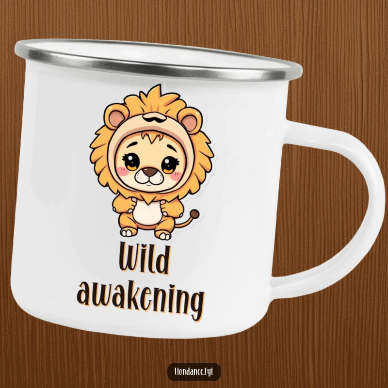 Funny camping mug featuring a character in a lion costume curiously peeking out, perfect for adventurous souls who love humor.
