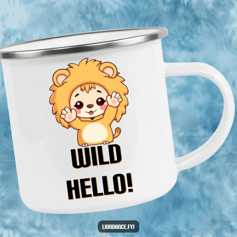 Funny camping mug showing a character peeking from a lion costume and waving enthusiastically, perfect for outdoor fun.