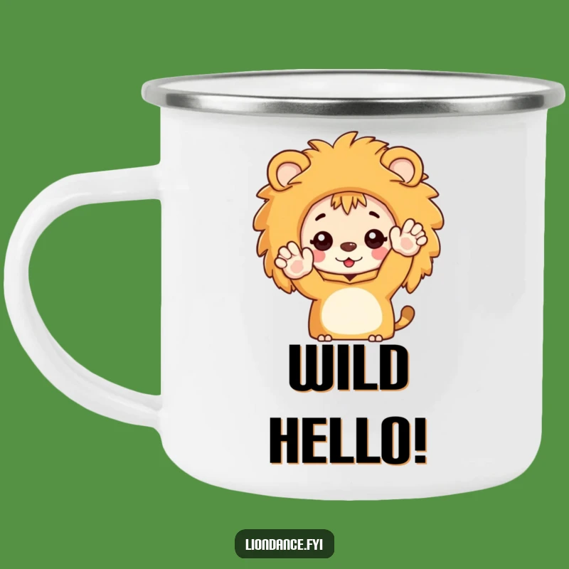 Funny Lion Camping Mug: Peek-a-Boo Character Waving, Outdoor Enthusiasm