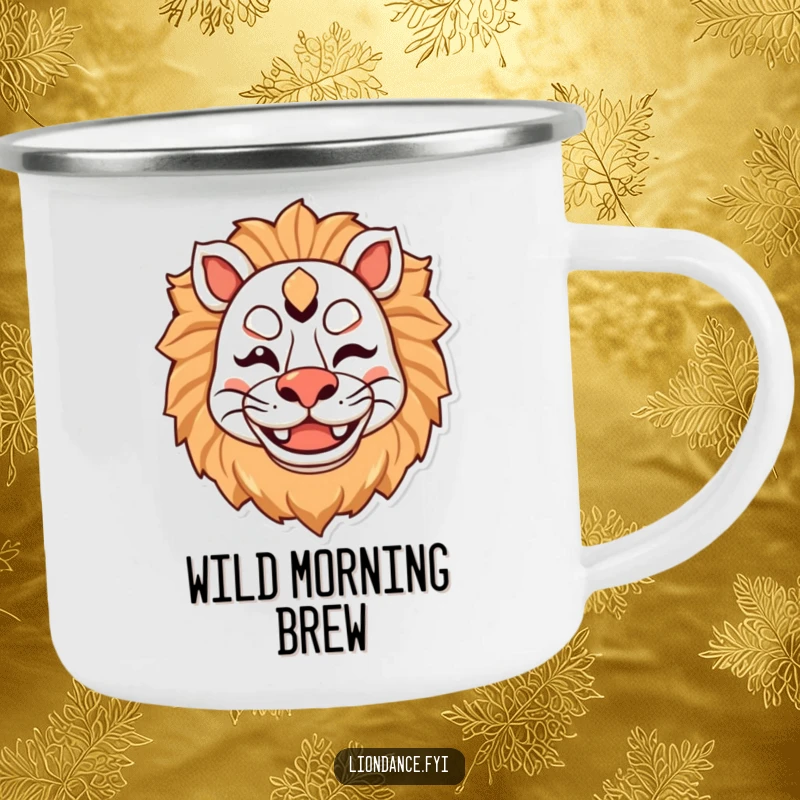 Funny enamel camping mug featuring a cheerful lion mask character winking with a big smile, perfect for outdoor enjoyment.