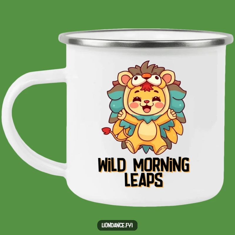 Funny Lion Costume Leap Camping Mug: Character Reveal, Outdoor Humor Gift