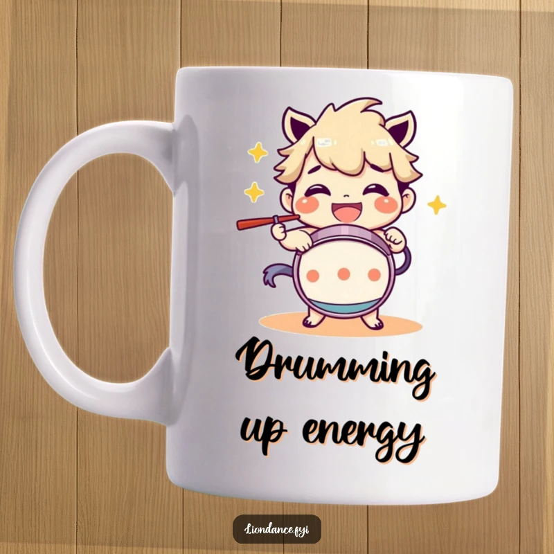 Funny Mug: A character enthusiastically beating a drum with a wide grin, radiating pure joy and rhythmic energy.