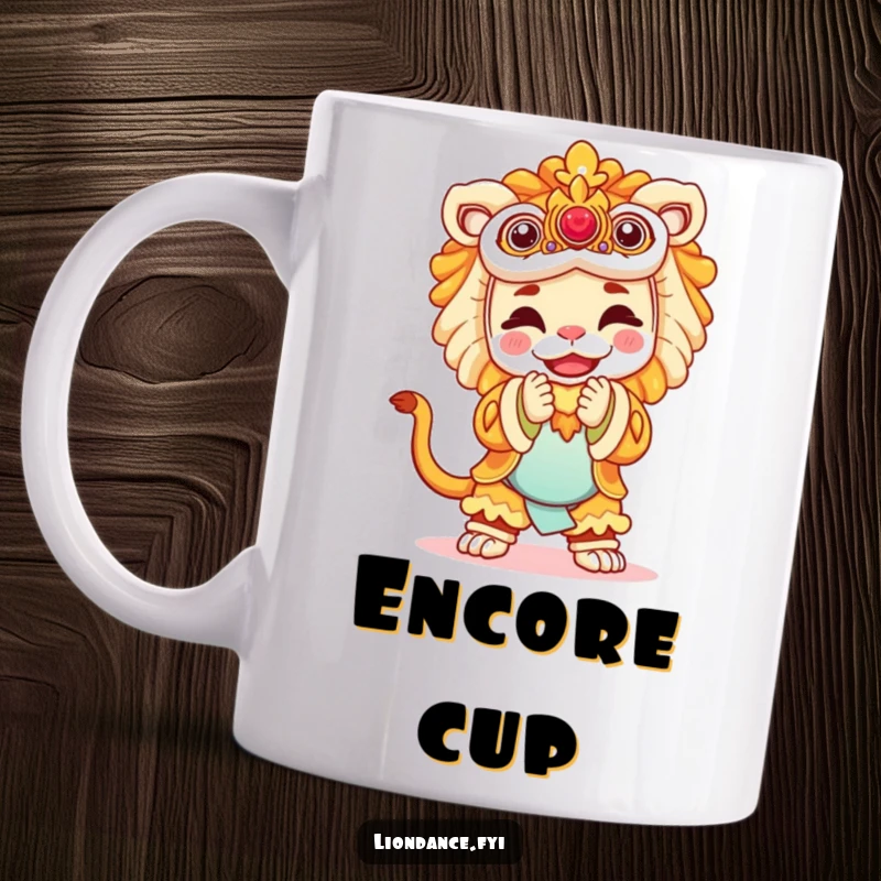 Funny mug featuring a joyful performer in a majestic lion costume taking a graceful bow, embodying performance and humor.
