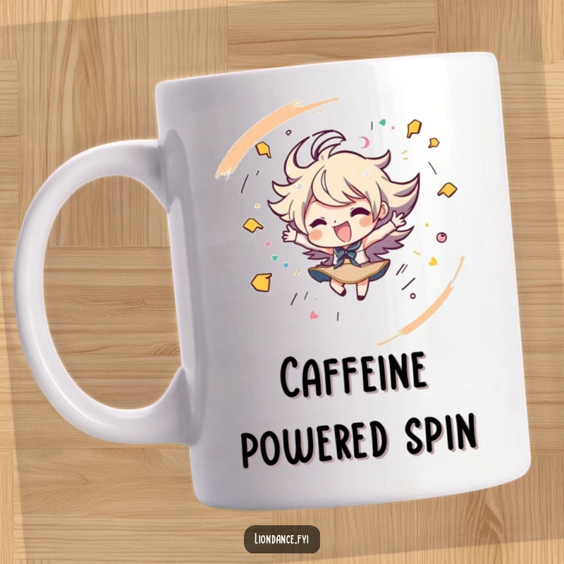 Funny mug featuring a character spinning with vibrant energy and playful strokes, radiating joy. Great funny gift.