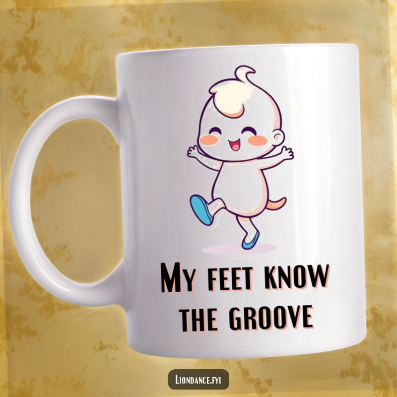 Funny Mug: Cheerful character enthusiastically taps its foot in a rhythmic, joyful dance, showcasing pure happiness and lively energy.