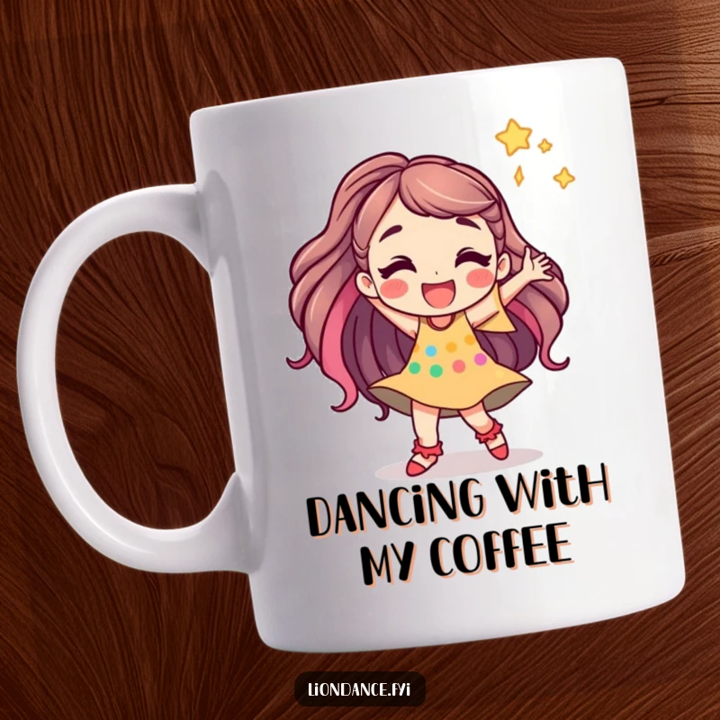 Funny mug featuring a jubilant cartoon character dancing energetically, embodying the joyous spirit of movement and celebration.