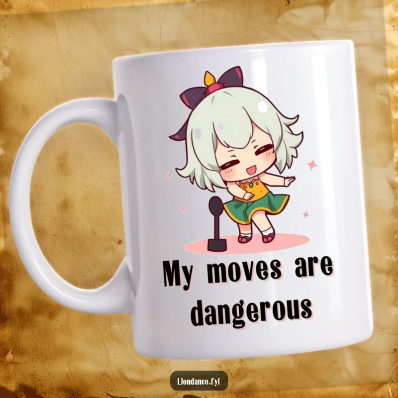 Funny mug showing a clumsy dancer comically tripping over a prop mid-dance, capturing a moment of hilarious, energetic chaos.