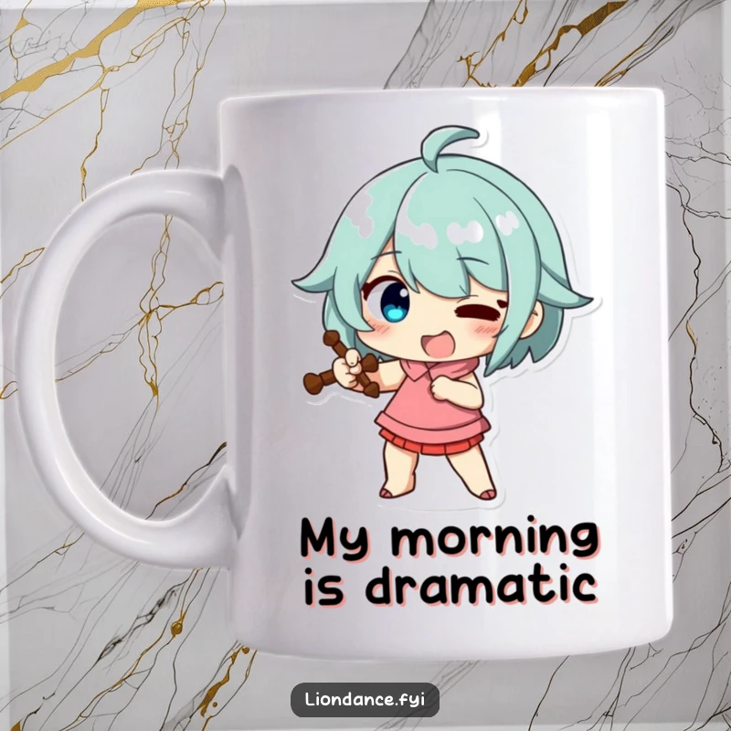 Funny mug showing a character striking a funny, exaggerated pose while holding a prop with theatrical flair.