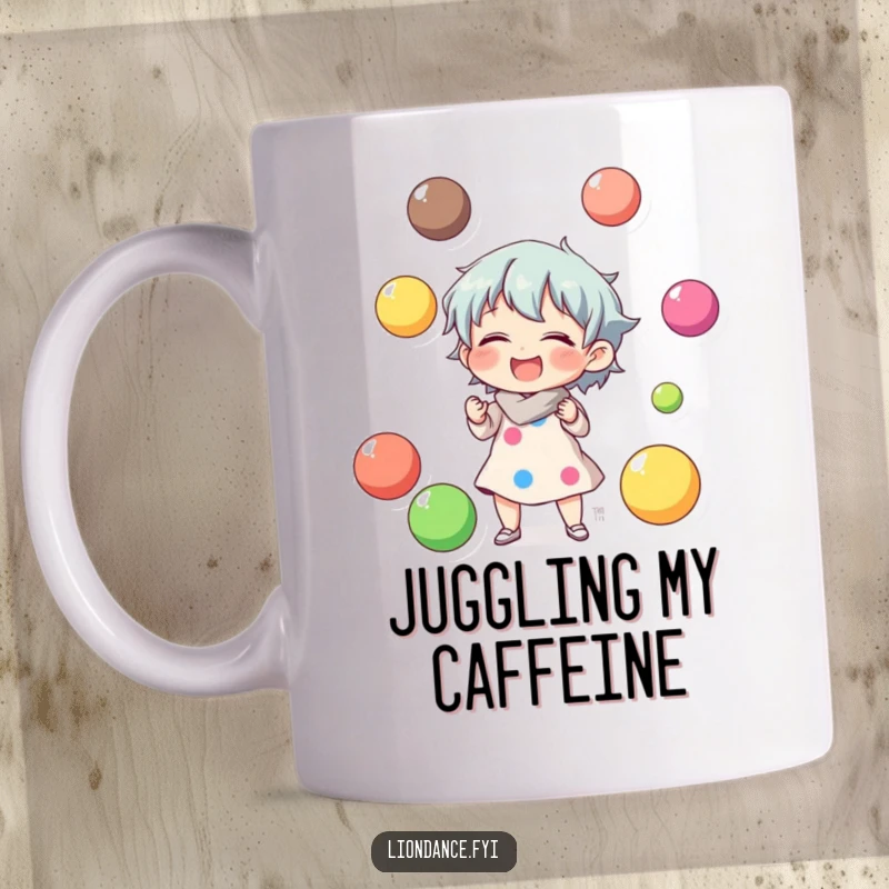 Funny mug depicting a character laughing while juggling colorful balls, perfect for a humorous and energetic gift.