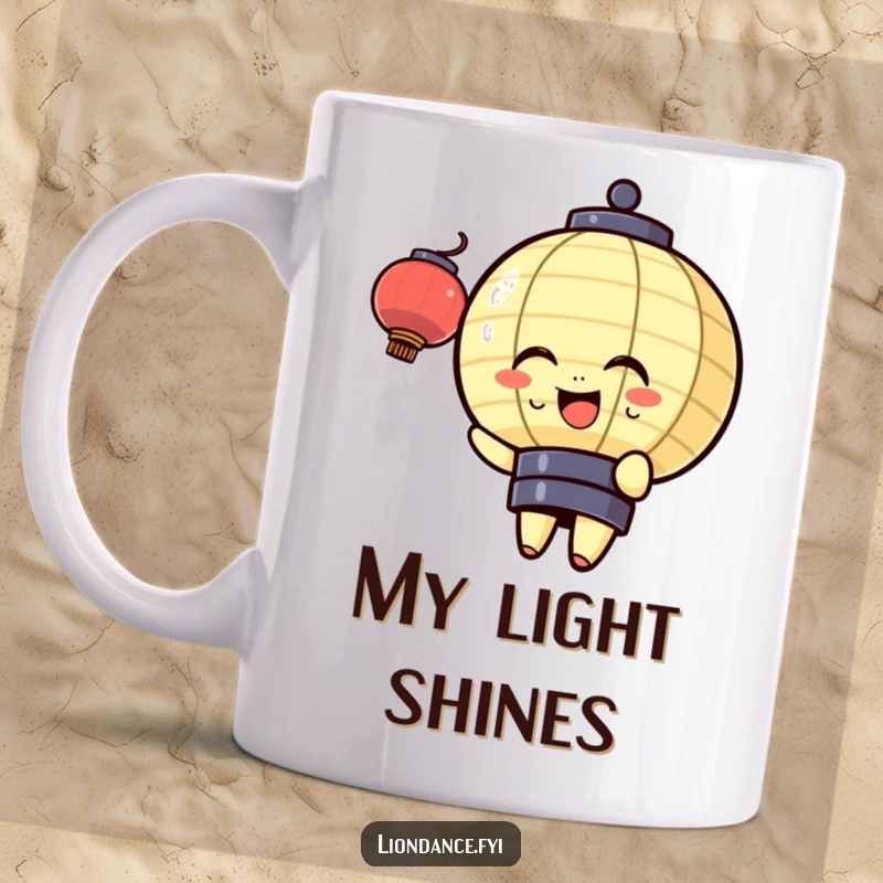Funny mug with a cheerful lantern character gently bobbing with joy, emitting a soft light and a feeling of pure, peaceful happiness.