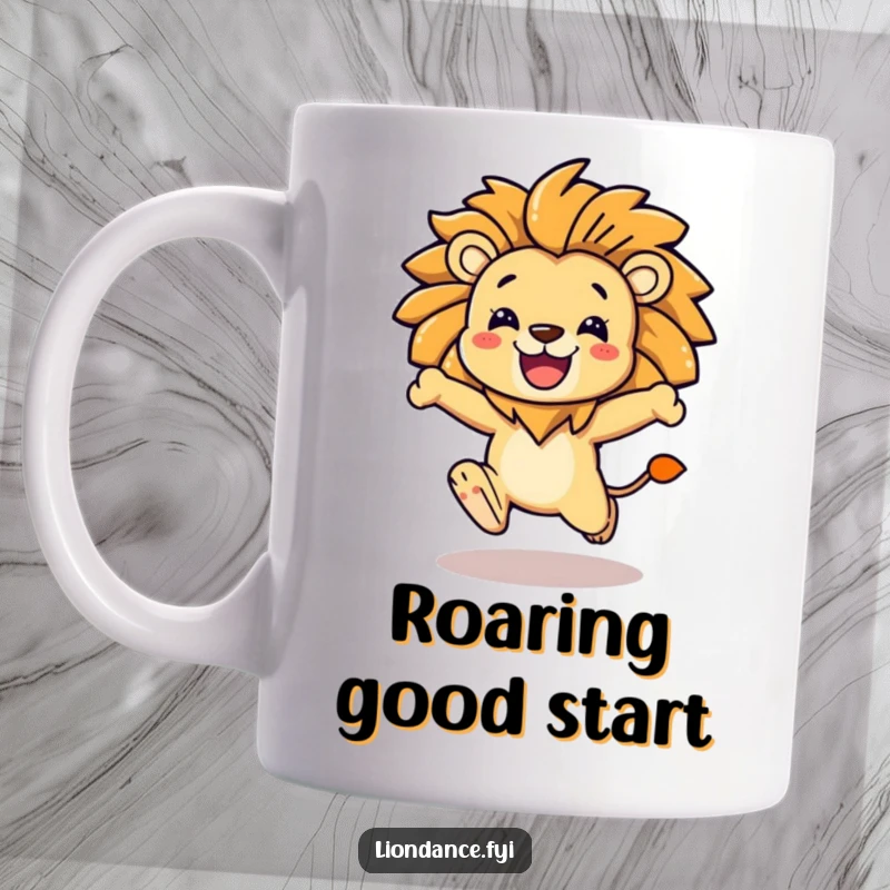 Funny character leaping forward dynamically with a large, stylized lion mane flowing, conveying happiness and strength on a mug.