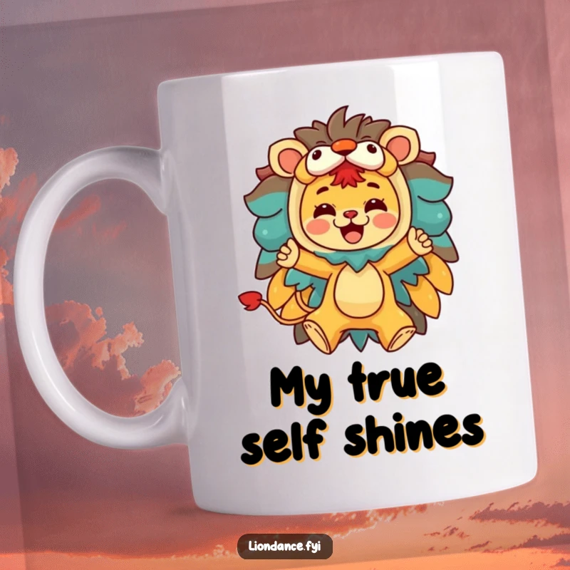 Funny mug showing a character joyfully leaping out of a colorful lion costume, conveying freedom and excitement.