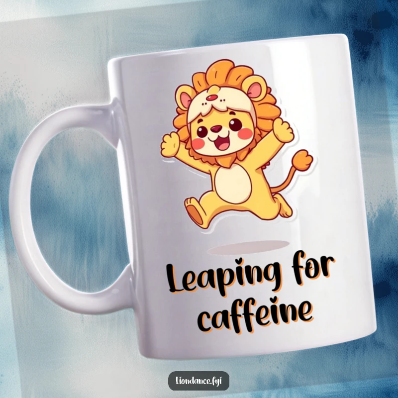 Funny Mug showing a character in a vibrant lion costume performing an energetic leap, full of life and fun, a perfect funny gift.