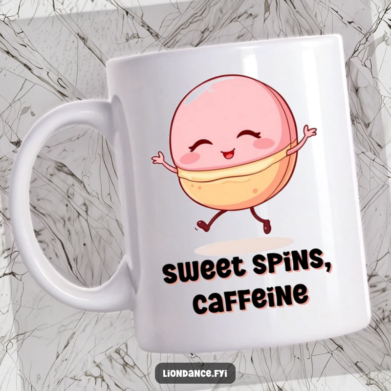 Funny winking macaron with tiny legs, comically performing a shaky ballet pirouette, a sweet and humorous design.