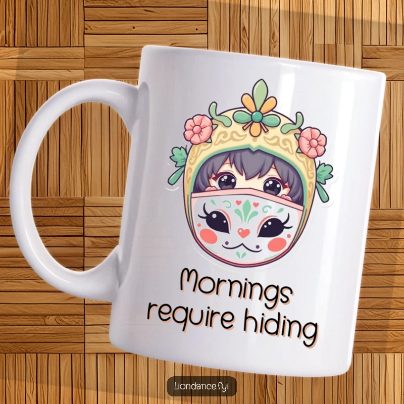 Funny mug showing a curious character peeking from behind a decorated mask, intriguing and humorous coffee companion.