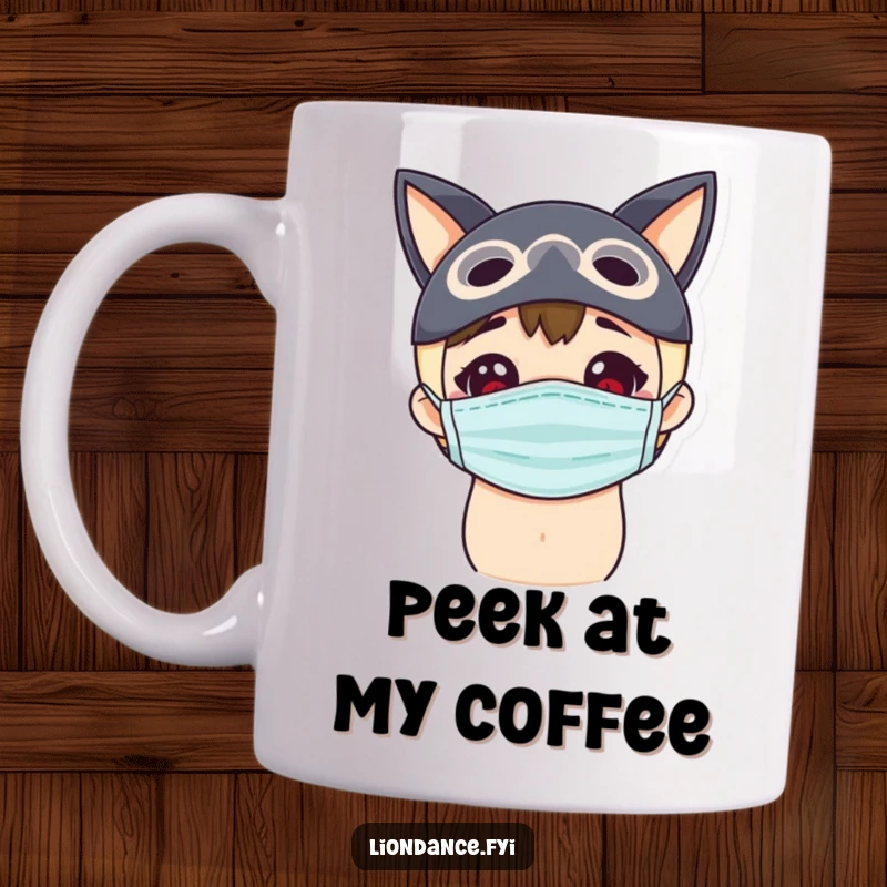 Funny masked curiosity mug, showing a delighted character peeking inquisitively behind a mask, perfect mysterious gift.