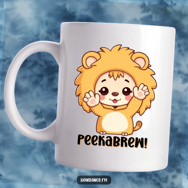 Funny mug featuring a character peeking out of a lion costume and waving enthusiastically, full of playful energy.