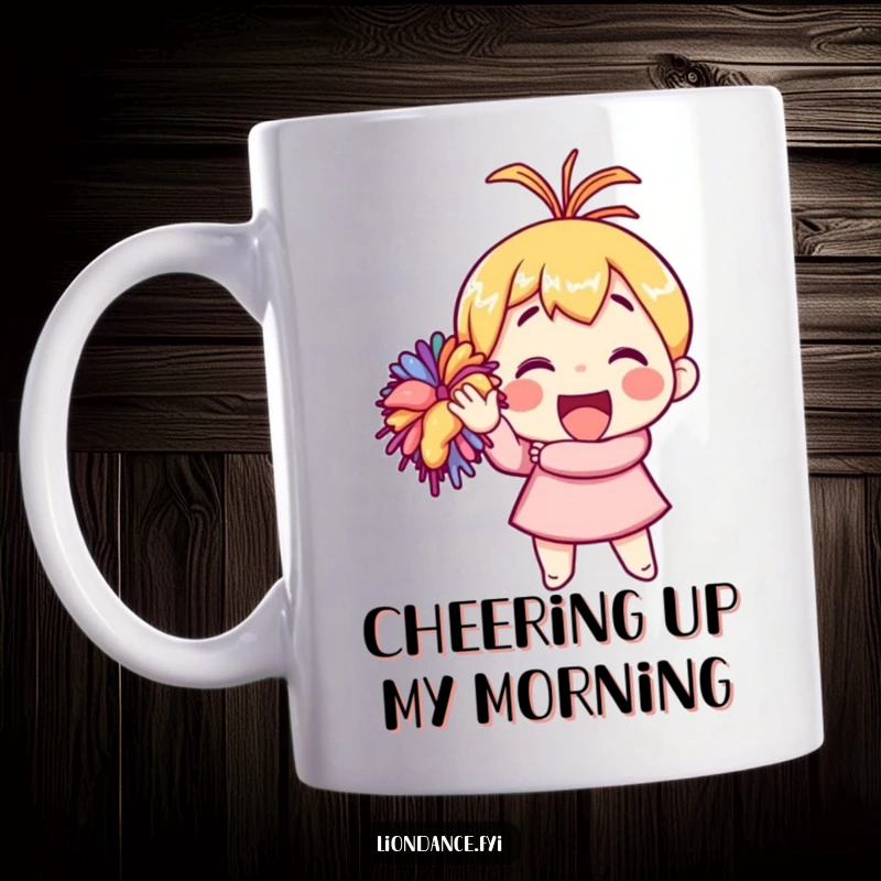 Funny mug showing a cheerful character enthusiastically waving a bright, colorful pom-pom with infectious energy.