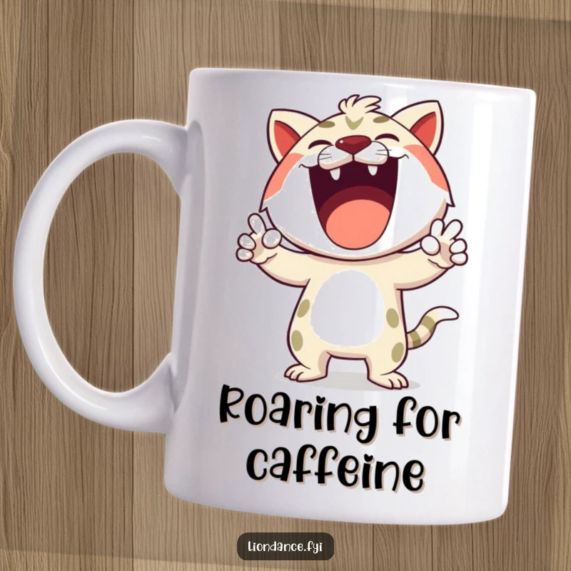 Funny mug featuring a happy cartoon character making exaggerated roaring motions with expressive gestures, radiating pure joy.