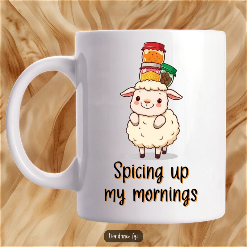 Funny fluffy sheep with a tall stack of colorful spice jars balanced perfectly on its head, on a mug.
