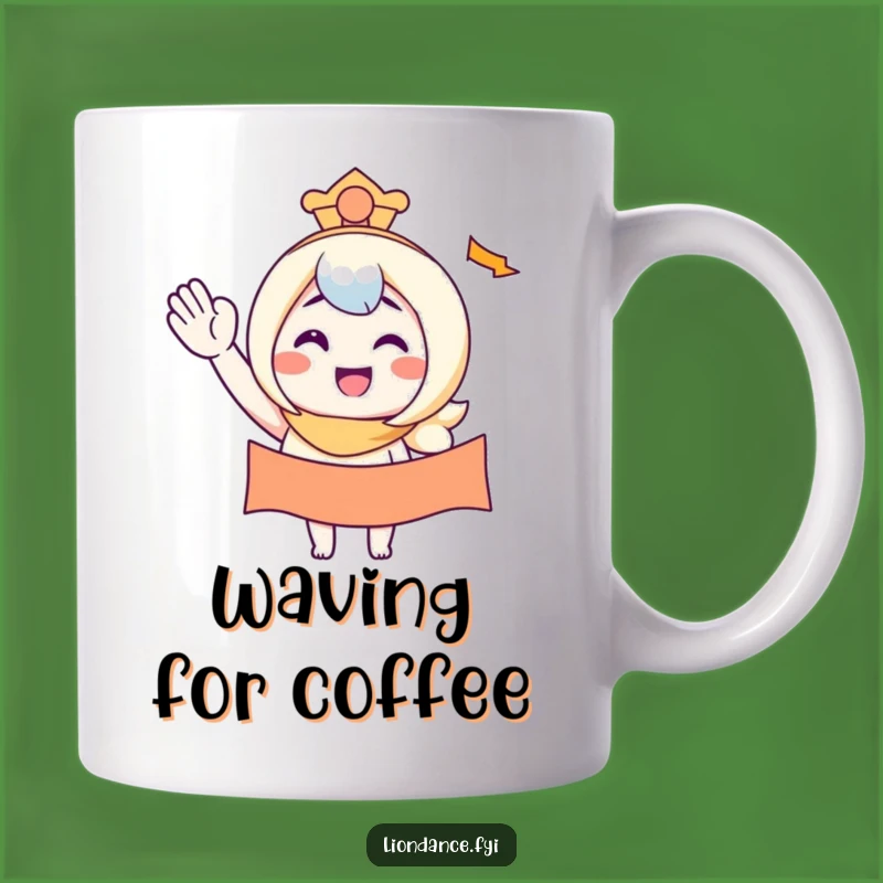 Funny Waving Banner Character Smiles Mug - Cheerful Greeting Gift!