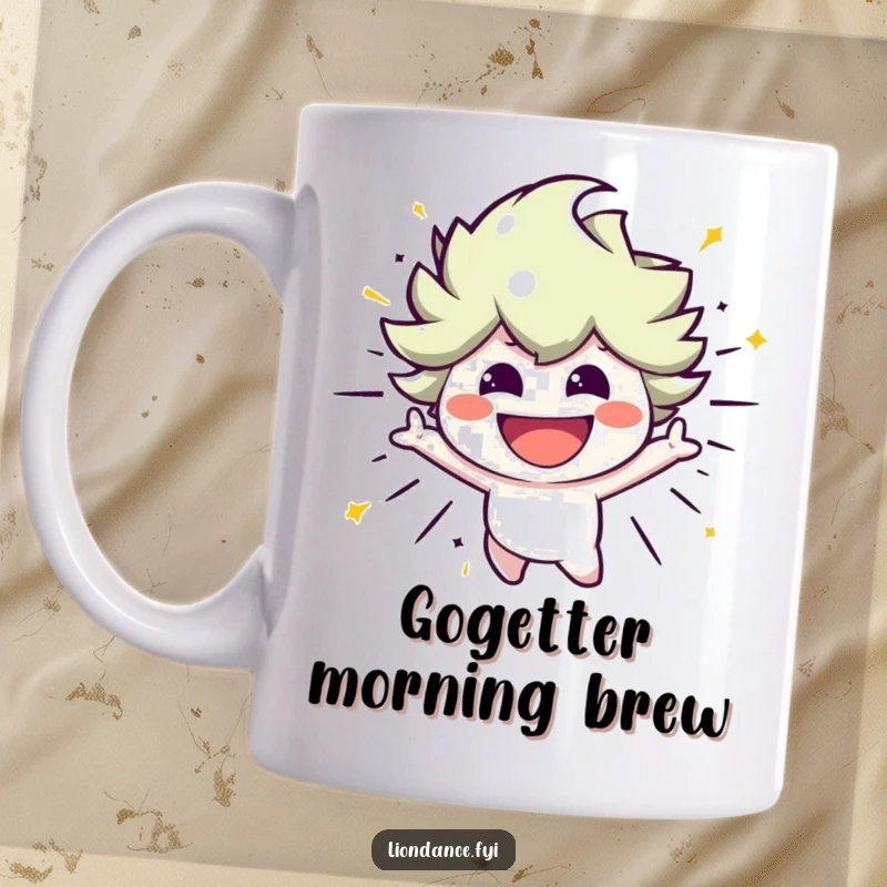Funny mug showing a smiling character bursting with energetic movement, perfect for a lively and humorous coffee experience.