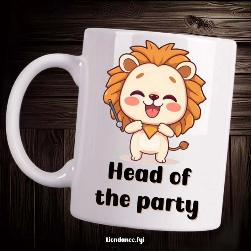 Funny mug featuring a joyful character striking a playful pose, holding a comically large lion head prop, radiating confidence and fun.