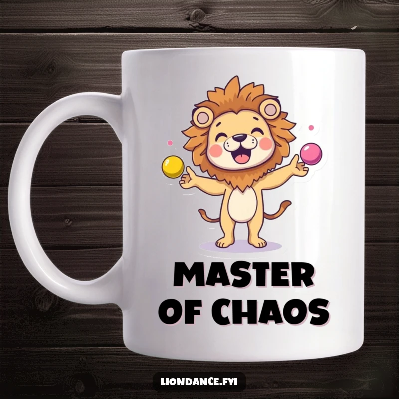 Funny character giggling while juggling colorful balls, wearing a lion head costume on a mug, depicting joyful chaos.