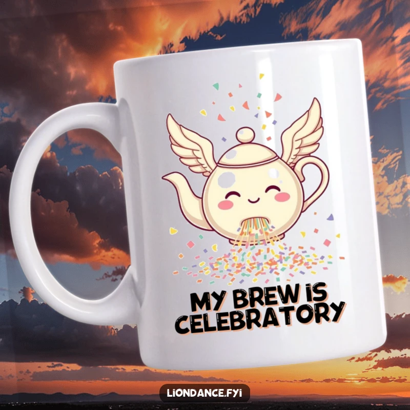 Funny Flying Teapot Mug with wings, joyfully pouring a vibrant cascade of confetti instead of tea.