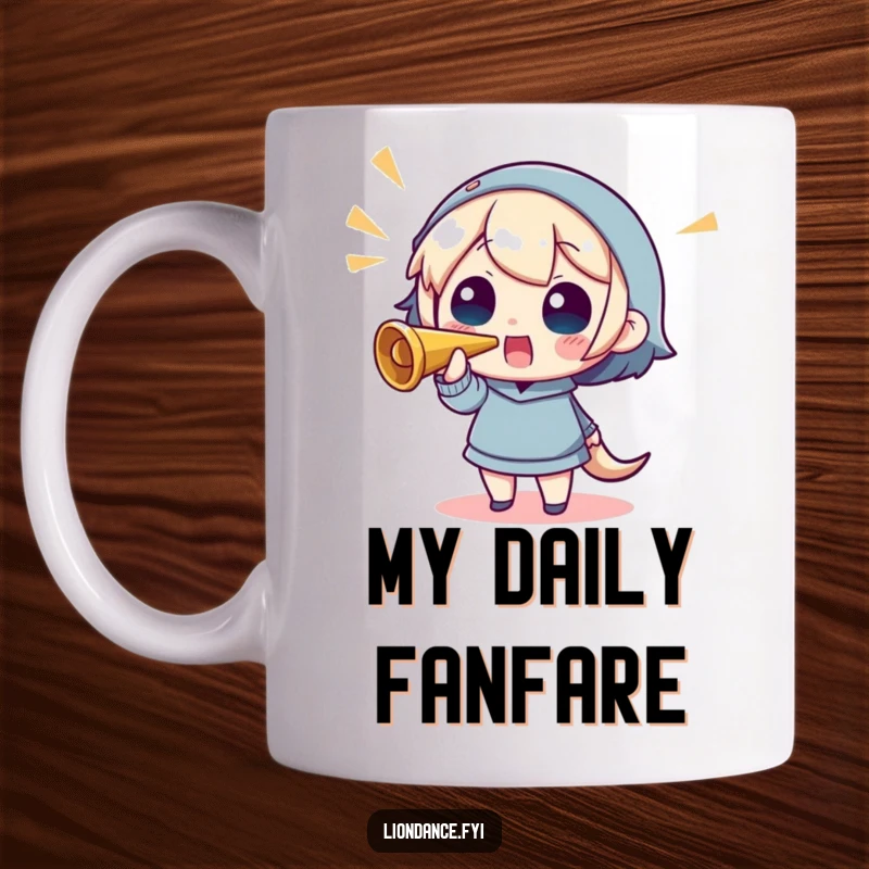 Funny mug of a character enthusiastically blowing a horn, cheering with joy and radiating positive vibes.